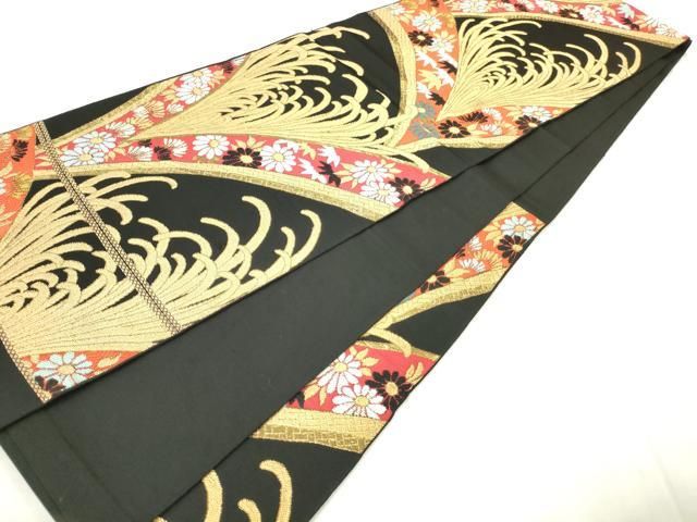 平和屋着物◎六通柄 京本袋帯 草花文 黒地 金糸 AABN2802ps