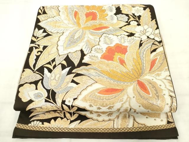 平和屋着物◎六通柄 本袋帯 更紗花文 黒地 金銀糸 正絹 逸品 AABN2814ps