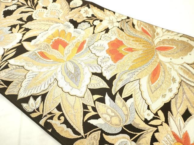 平和屋着物◎六通柄 本袋帯 更紗花文 黒地 金銀糸 正絹 逸品 AABN2814ps