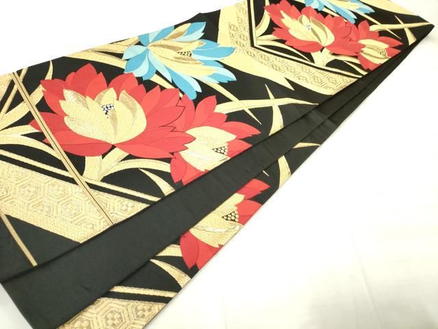 平和屋着物◎六通柄袋帯 松園 どんす 草花文 黒地 金銀糸 正絹 逸品 AABN2819ps