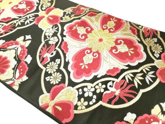 平和屋着物◎六通柄袋帯 唐織 正倉院花文 黒地 金銀糸 正絹 逸品 AABN2820ps