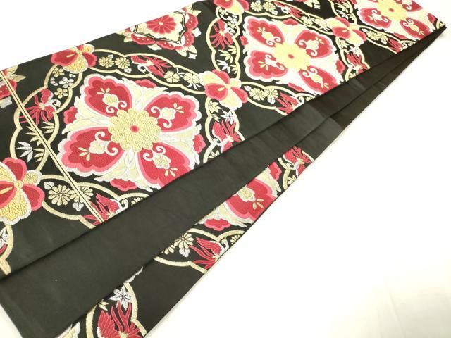 平和屋着物◎六通柄袋帯 唐織 正倉院花文 黒地 金銀糸 正絹 逸品 AABN2820ps