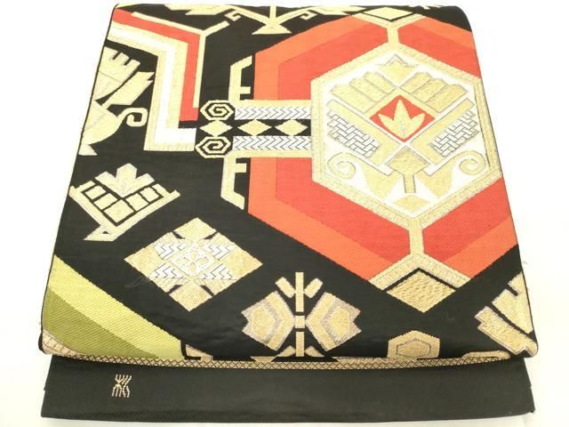 平和屋着物◎六通柄 本袋帯 抽象文 黒地 金糸 正絹 逸品 AABN2822ps