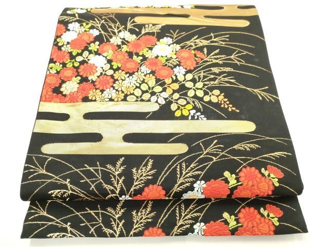 平和屋着物◎六通柄袋帯 唐織 エ霞花文 黒地 金糸 正絹 逸品 AABN2826ps