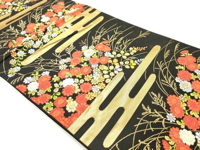 平和屋着物◎六通柄袋帯 唐織 エ霞花文 黒地 金糸 正絹 逸品 AABN2826ps
