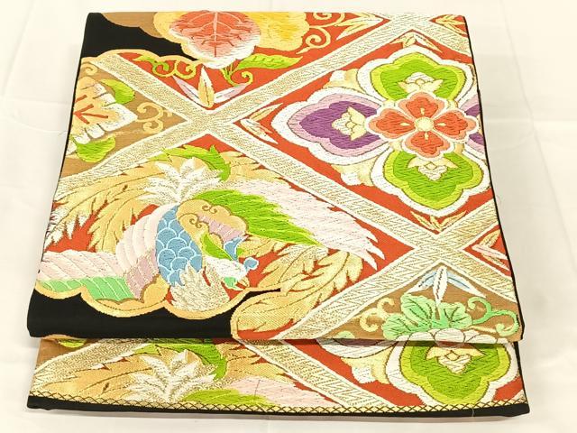 平和屋着物◎六通柄袋帯 唐織 鳳凰花蝶文 黒地 金糸 正絹 逸品 AABN2846dk