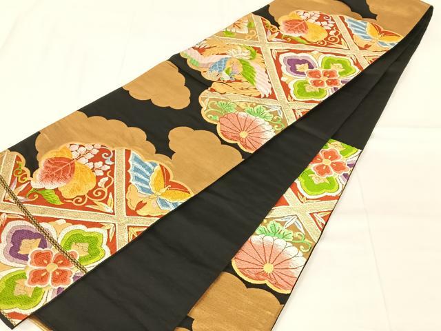 平和屋着物◎六通柄袋帯 唐織 鳳凰花蝶文 黒地 金糸 正絹 逸品 AABN2846dk