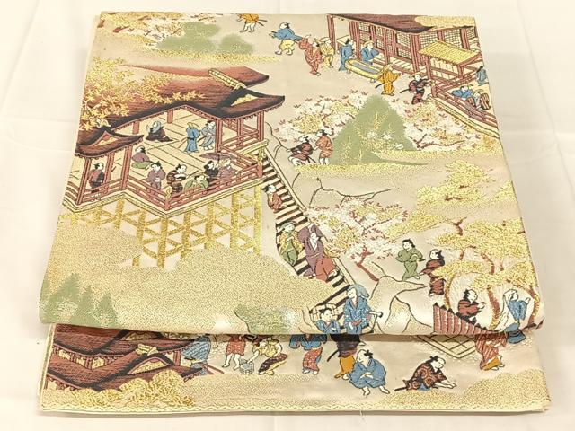 平和屋着物◎六通柄袋帯 唐織 人物風景文 金糸 正絹 逸品 AABN2848dk