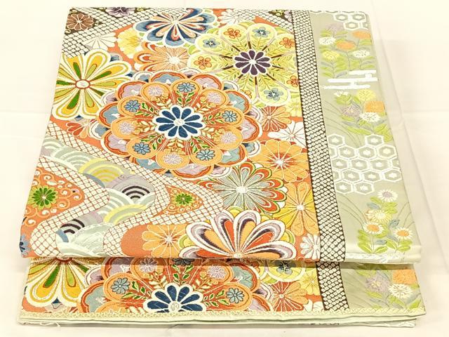 平和屋着物◎六通柄袋帯 唐織 吉祥花文 銀糸 正絹 逸品 AABN2852dk