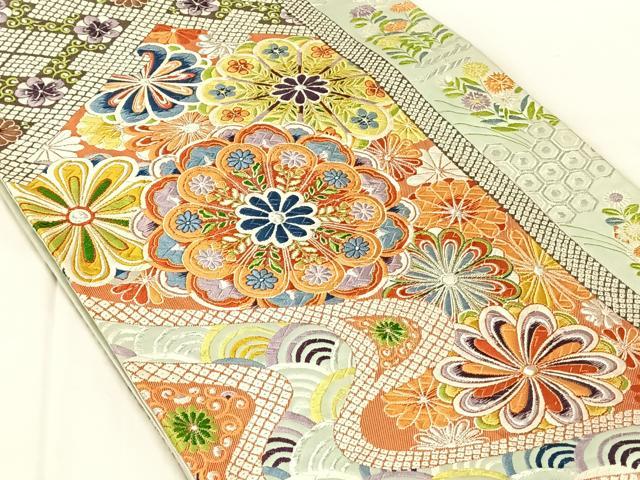 平和屋着物◎六通柄袋帯 唐織 吉祥花文 銀糸 正絹 逸品 AABN2852dk