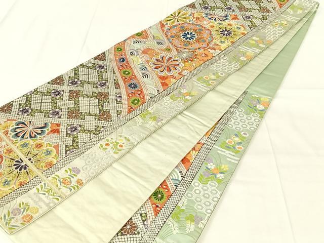 平和屋着物◎六通柄袋帯 唐織 吉祥花文 銀糸 正絹 逸品 AABN2852dk
