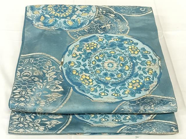 平和屋着物◎六通柄袋帯 花鳥絵皿文 金銀糸 正絹 逸品 AABN2858dk