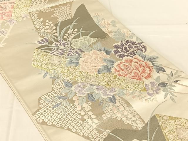 平和屋着物◎六通柄袋帯 唐織 京どんす 草花文 プラチナ箔二重織 正絹 逸品 AABN2875dk