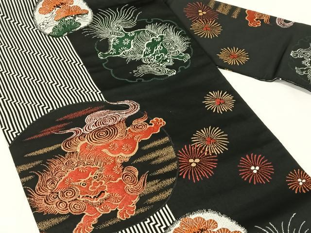 平和屋着物◎九寸名古屋帯 唐獅子 黒地 金糸 AABN2880dk