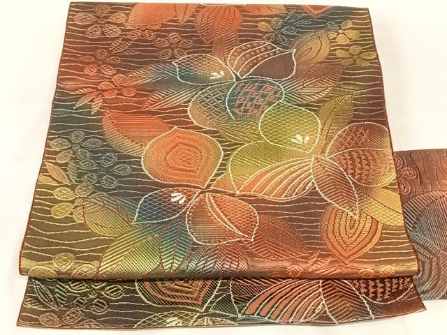 平和屋着物◎本場筑前博多織 八寸名古屋帯 草花文 正絹 逸品 AABN2881dk