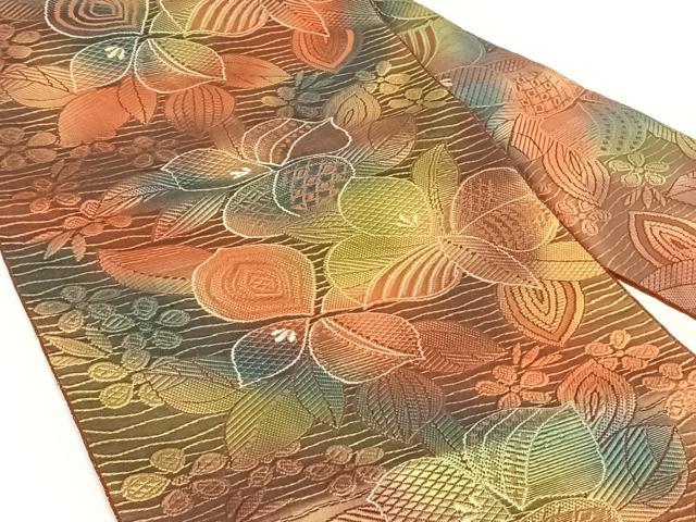 平和屋着物◎本場筑前博多織 八寸名古屋帯 草花文 正絹 逸品 AABN2881dk
