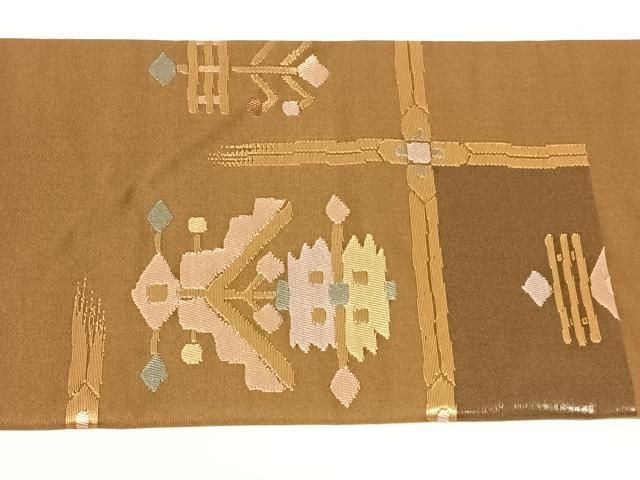 平和屋着物◎九寸名古屋帯 幾何学花文 金糸 正絹 逸品 AABN2894dk