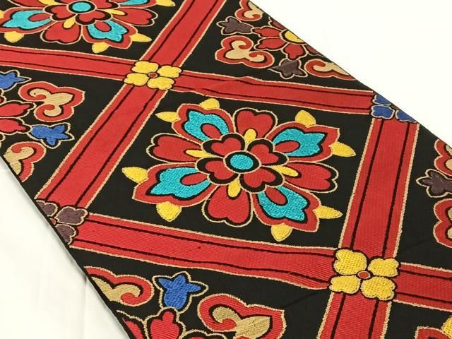平和屋着物◎六通柄袋帯 格子花文 黒地 金糸 正絹 逸品 AABN2896dk