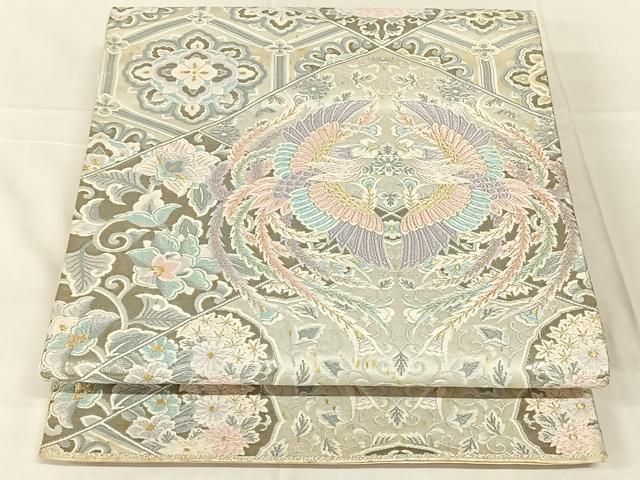 平和屋着物◎六通柄袋帯 唐織 プラチナ箔 裂取鳳凰文 正絹 逸品 AABN2899dk