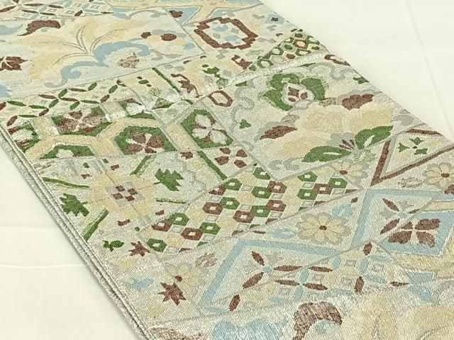 平和屋着物◎佐賀錦 六通柄袋帯 更紗花文 銀糸 正絹 逸品 AABN2910dk