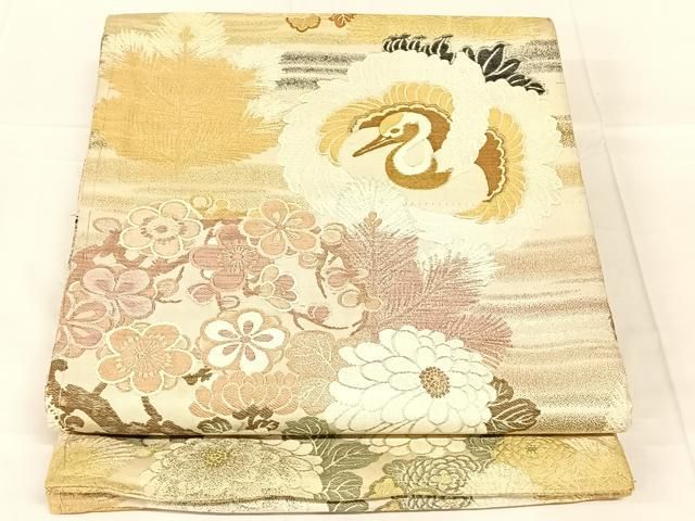 平和屋着物◎アンティーク 大正ロマン 丸帯 飛鶴花文 金糸 正絹 逸品 AABN2914dk