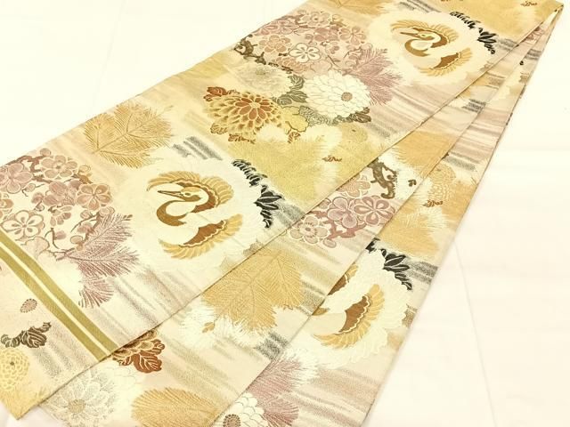 平和屋着物◎アンティーク 大正ロマン 丸帯 飛鶴花文 金糸 正絹 逸品 AABN2914dk