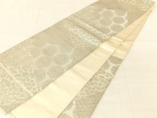 平和屋着物◎西陣 服部織物謹製 六通柄袋帯 こはく錦 切り嵌め花文 銀糸 正絹 逸品 AABN2917dk