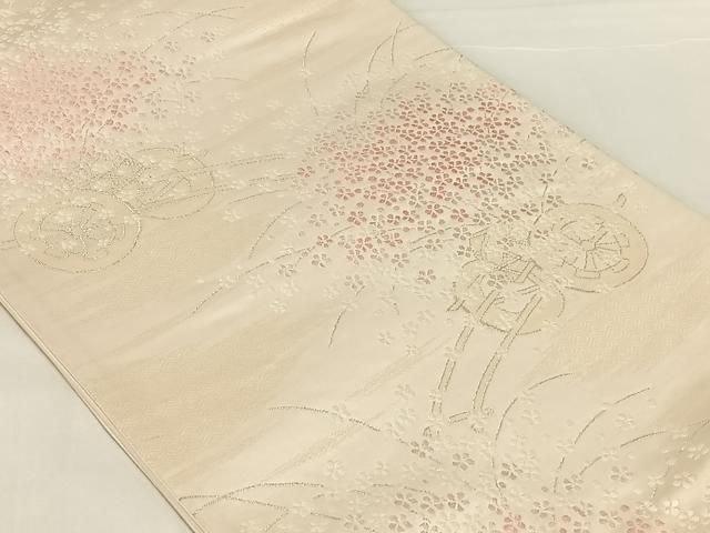 平和屋着物◎六通柄袋帯 唐織 花車文 銀糸 正絹 逸品 AABN2918dk