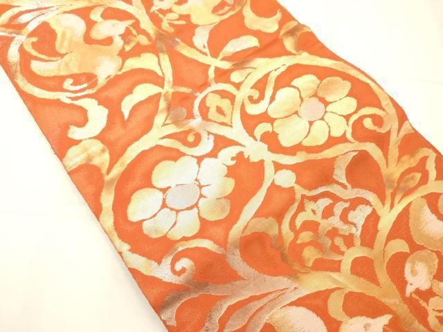 平和屋着物◎西陣 服部織物謹製 六通柄袋帯 こはく錦 花鳥文 金銀糸 正絹 逸品 AABN2927ps