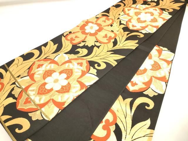 平和屋着物◎六通柄袋帯 唐草花文 黒地 金糸 正絹 逸品 AABN2934ps