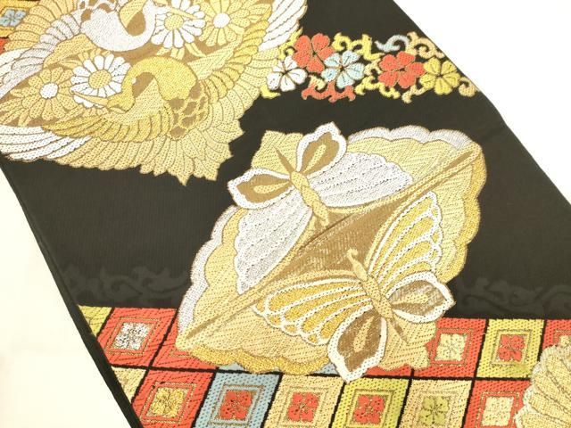 平和屋着物◎西陣 高島織物謹製 六通柄 本袋帯 唐織 双鶴花文 黒地 金銀糸 証紙付き AABN2941ps