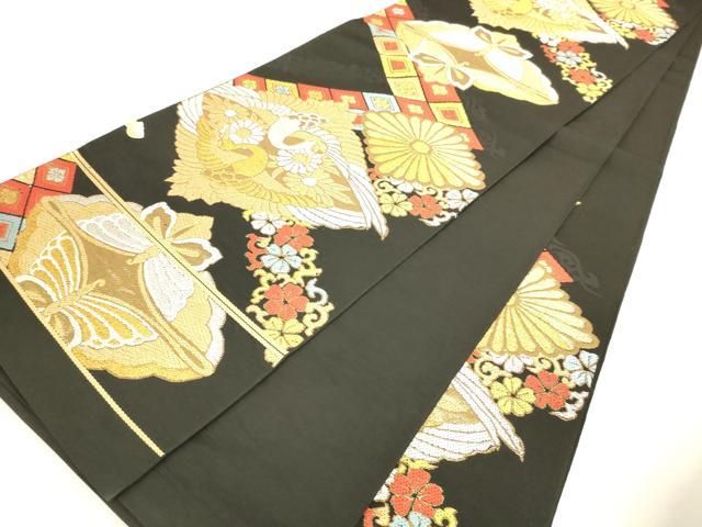 平和屋着物◎西陣 高島織物謹製 六通柄 本袋帯 唐織 双鶴花文 黒地 金銀糸 証紙付き AABN2941ps