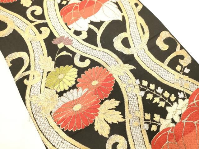 平和屋着物◎六通柄京袋帯 草花文 黒地 金銀糸 AABN2942ps