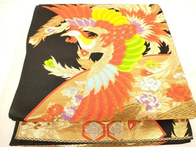 平和屋着物◎六通柄袋帯 唐織 地紙重ね鳳凰文 黒地 金糸 正絹 逸品 AABN2943ps