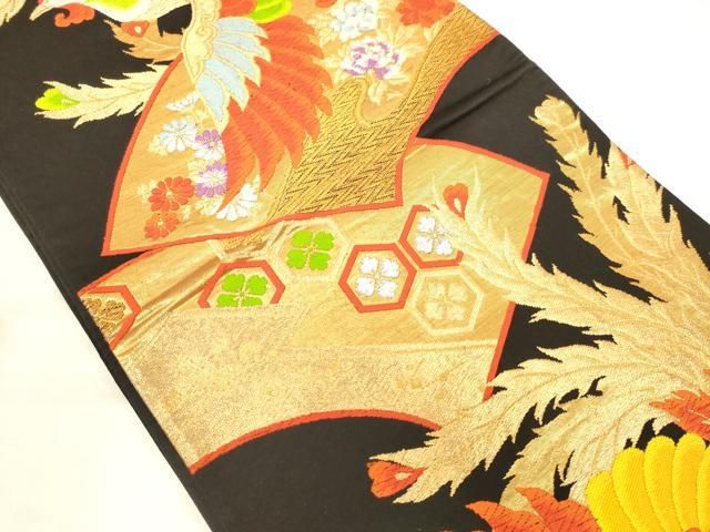 平和屋着物◎六通柄袋帯 唐織 地紙重ね鳳凰文 黒地 金糸 正絹 逸品 AABN2943ps