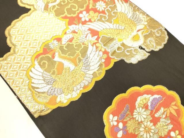 平和屋着物◎六通柄袋帯 唐織 飛鶴花文 黒地 金銀糸 正絹 逸品 AABN2946ps