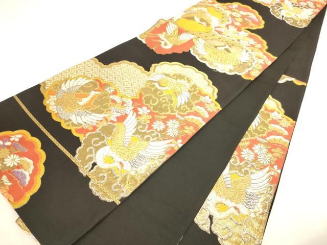 平和屋着物◎六通柄袋帯 唐織 飛鶴花文 黒地 金銀糸 正絹 逸品 AABN2946ps