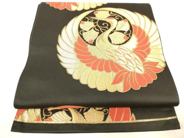 平和屋着物◎六通柄袋帯 飛鶴文 黒地 金糸 正絹 逸品 AABN2949ps
