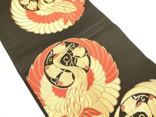 平和屋着物◎六通柄袋帯 飛鶴文 黒地 金糸 正絹 逸品 AABN2949ps