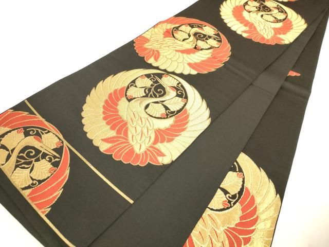 平和屋着物◎六通柄袋帯 飛鶴文 黒地 金糸 正絹 逸品 AABN2949ps