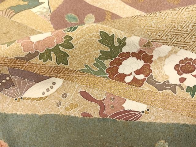 平和屋着物●京友禅の第一人者 松井青々 訪問着 花蝶舞扇文 金銀彩 正絹 逸品 AABN2968ph