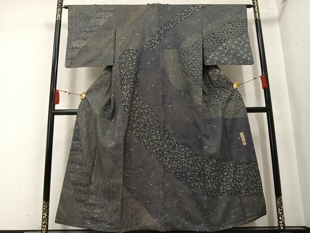 平和屋着物●訪問着 藍 型絵染 松本輝之 草花文 正絹 逸品 AABN2972ph