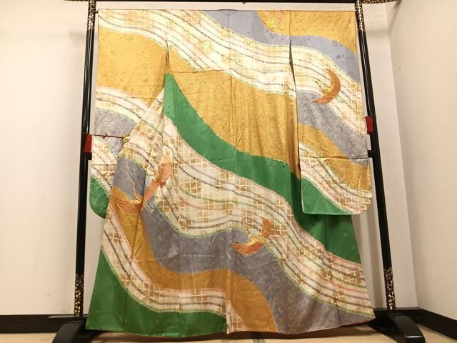 平和屋着物●豪華振袖 絞り 駒刺繍 飛鶴文 金彩 正絹 逸品 AABN2984ph