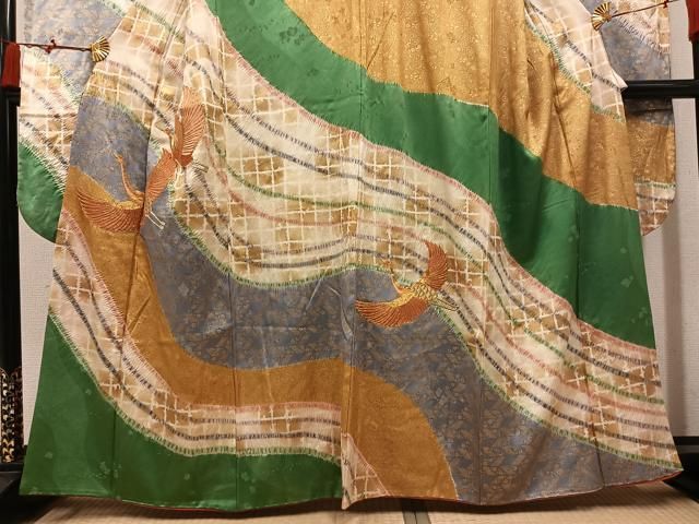 平和屋着物●豪華振袖 絞り 駒刺繍 飛鶴文 金彩 正絹 逸品 AABN2984ph