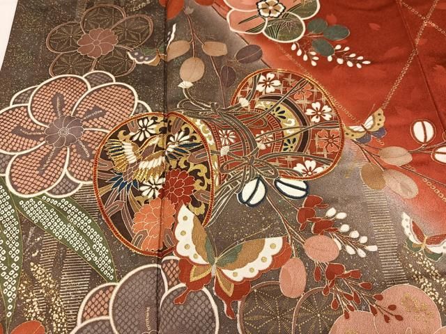 平和屋着物●豪華振袖 花蝶鼓文 暈し染め 金彩 正絹 逸品 AABN2987ph