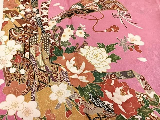 平和屋着物●豪華振袖 御所車檜扇花文 金彩 ロング丈 正絹 逸品 AABN2989ph