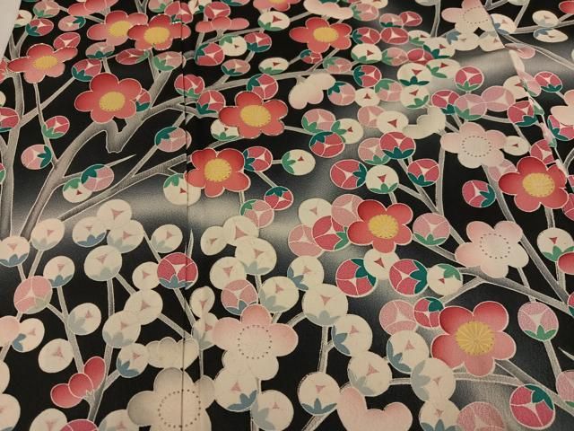 平和屋着物●豪華振袖 駒刺繍 枝梅文 暈し染め 黒地 正絹 逸品 AABN2998ph
