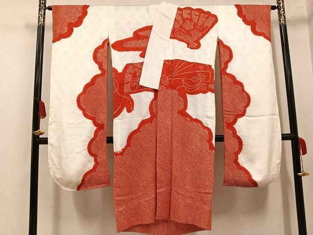 平和屋着物●振袖用長襦袢 無双仕立て 総絞り 檜扇花文 正絹 逸品 AABN3006ph