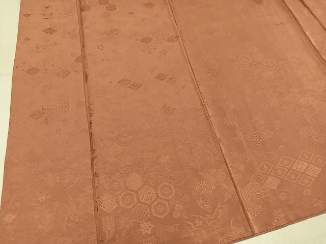 平和屋着物●上質な色無地 吉祥草花地紋 深支子色 正絹 逸品 AABN3018ph