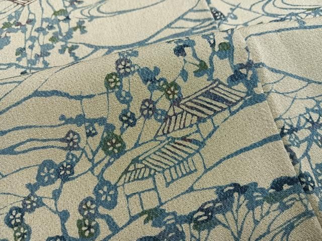 平和屋着物●上質な小紋 藍 型染め 風景草花文 鬼しぼ縮緬 正絹 逸品 AABN3029ph